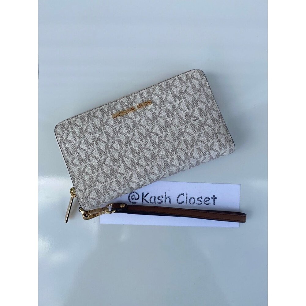 Michael Kors Wristlet Large Jet Set Travel Phone Wallet MK Signature Vanilla